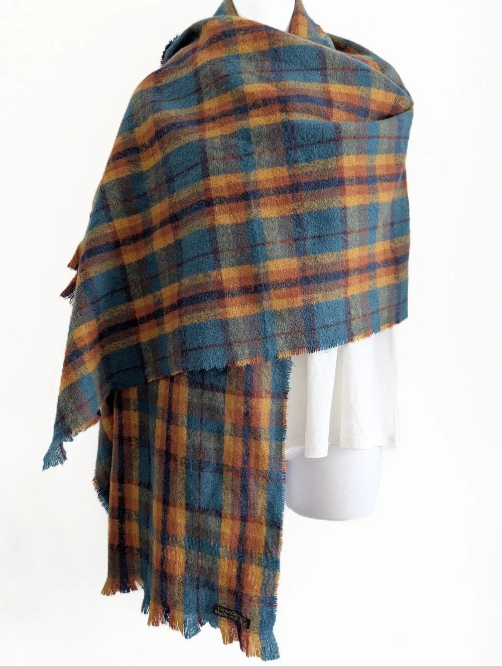 VINTAGE Wool Blanket Shawl Scarf Teal Plum Copper Gold Navy Fringe Wrap 80x24